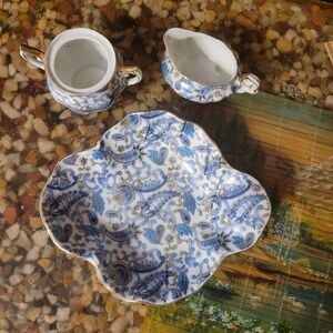 Vintage Hand painted Lefton China Blue Paisley Plate Bowl sugar & cream 3 piece